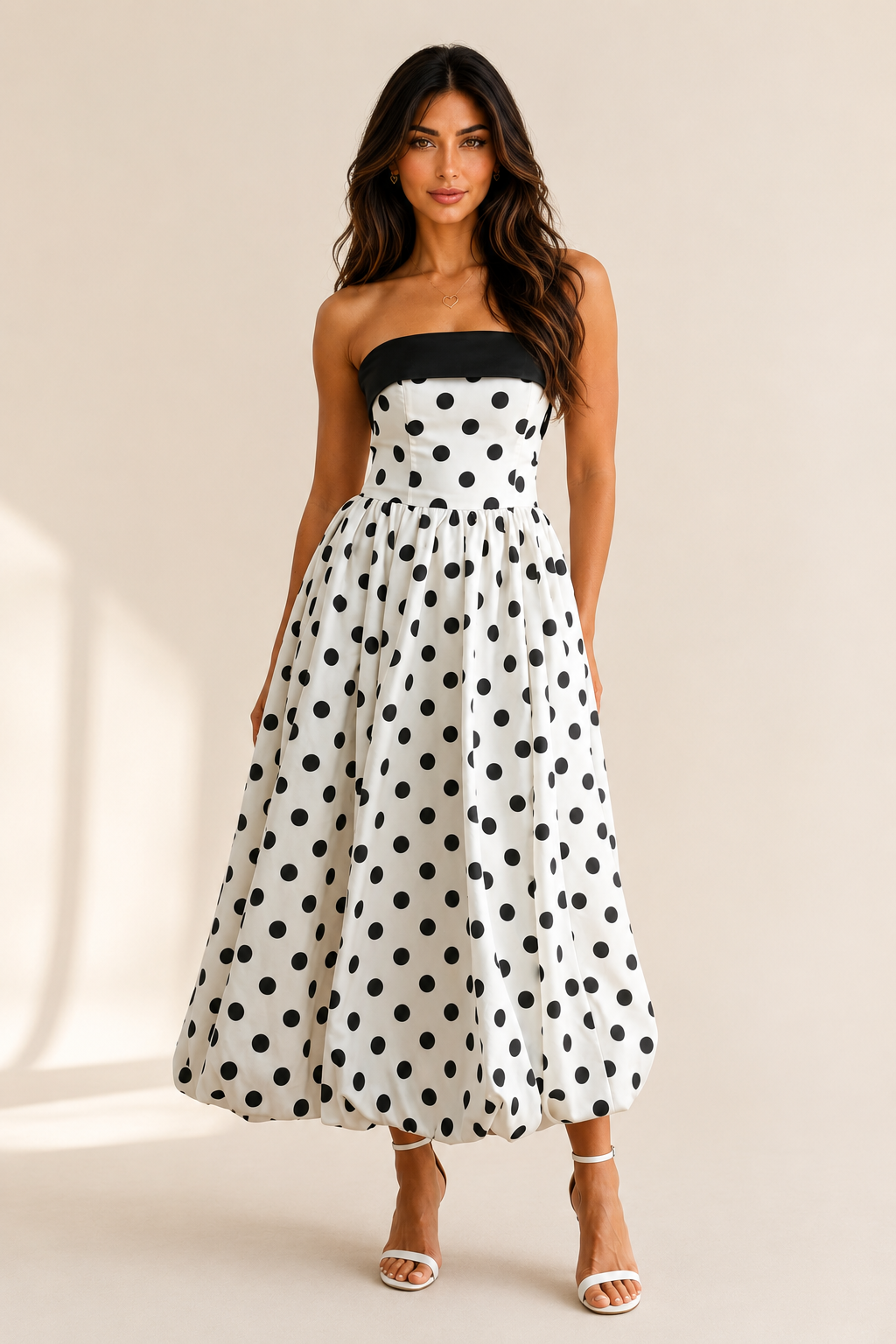 Amélie Black & White Polka Dot Strapless Midi Dress