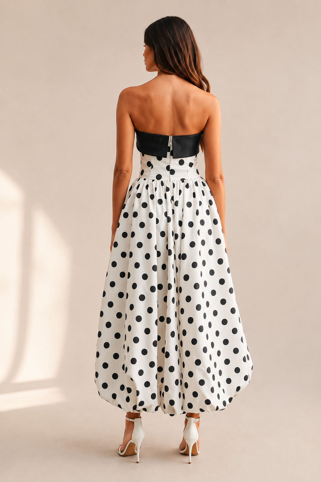 Amélie Black & White Polka Dot Strapless Midi Dress