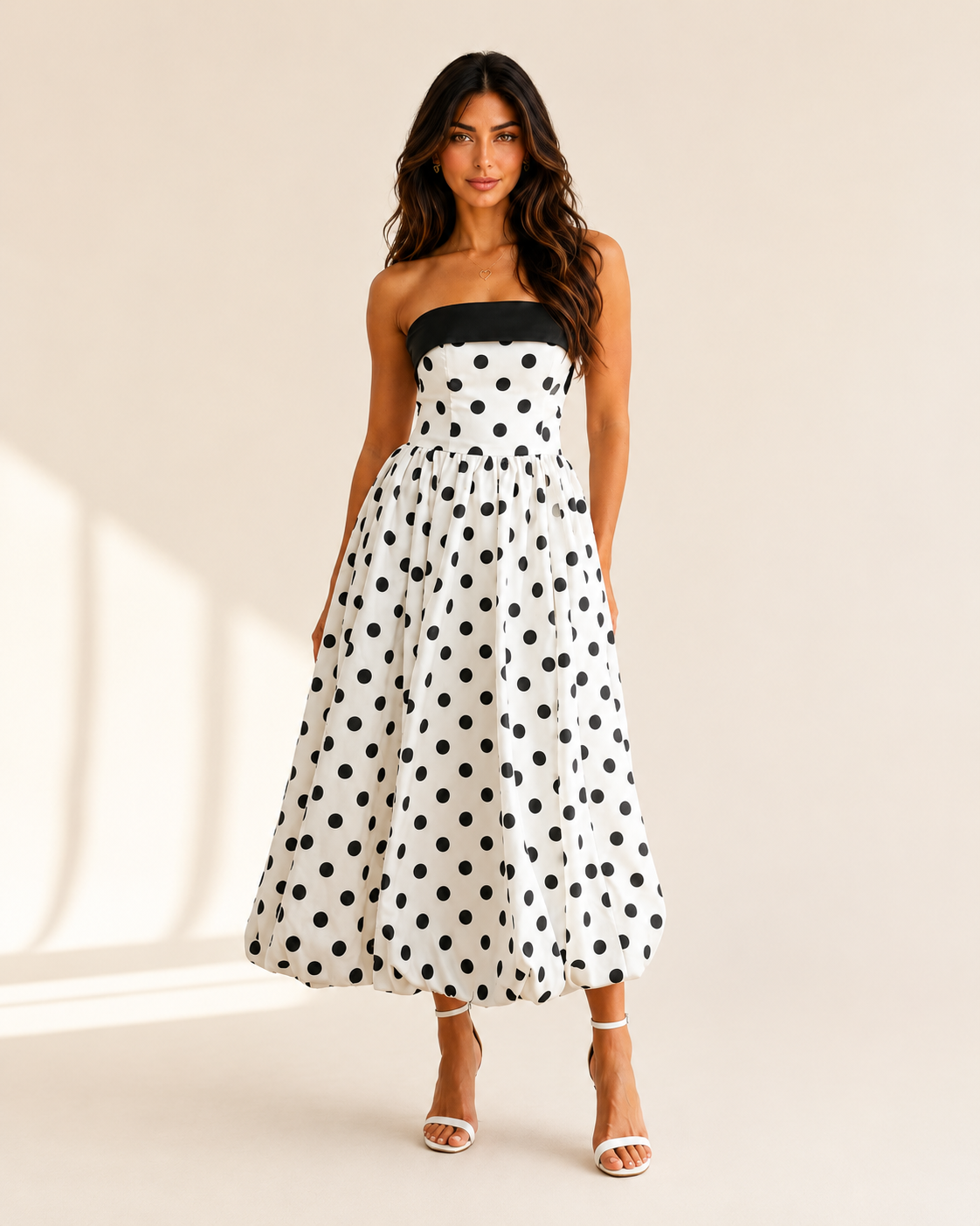 Amélie Black & White Polka Dot Strapless Midi Dress