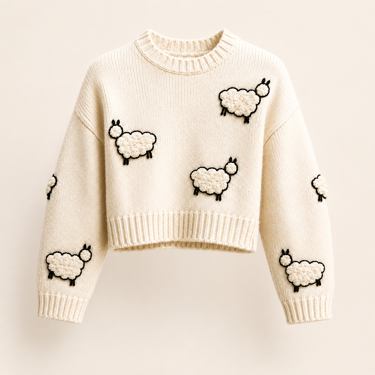 Élodie Embroidered Sheep Cropped Knit Sweater