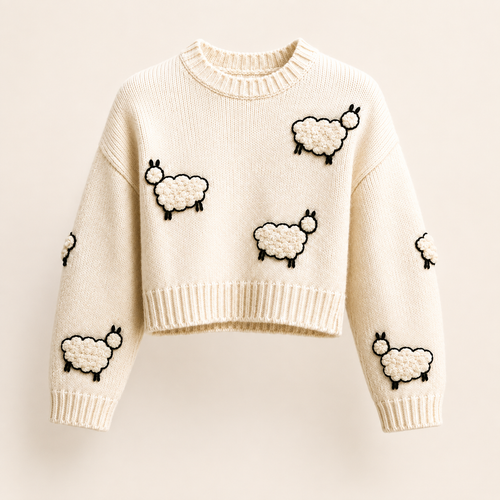 Élodie Embroidered Sheep Cropped Knit Sweater