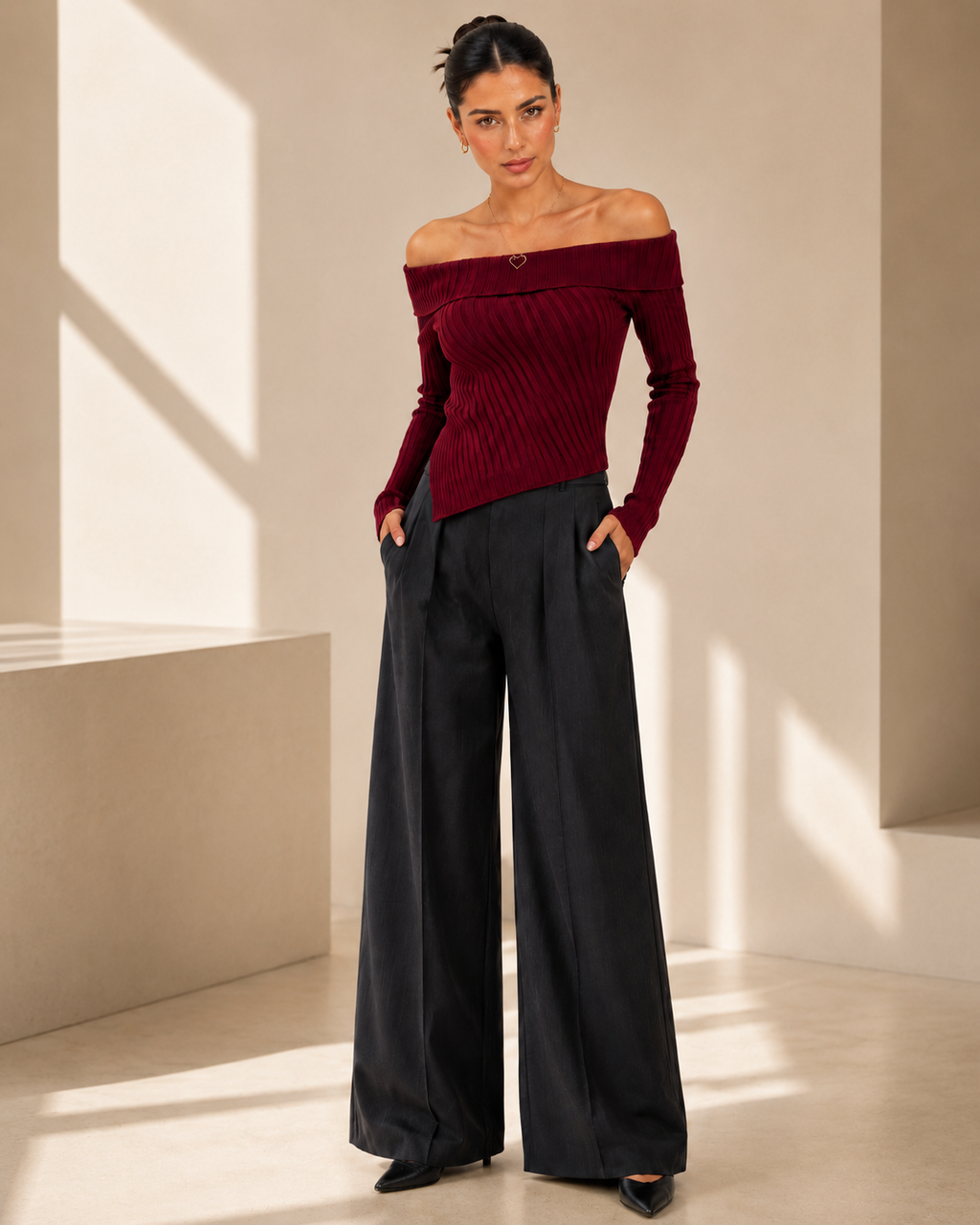 Élodie Sculpted Off-Shoulder Ribbed Sweater — Burgundy