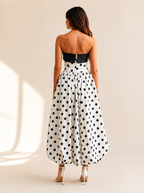 Amélie Black & White Polka Dot Strapless Midi Dress