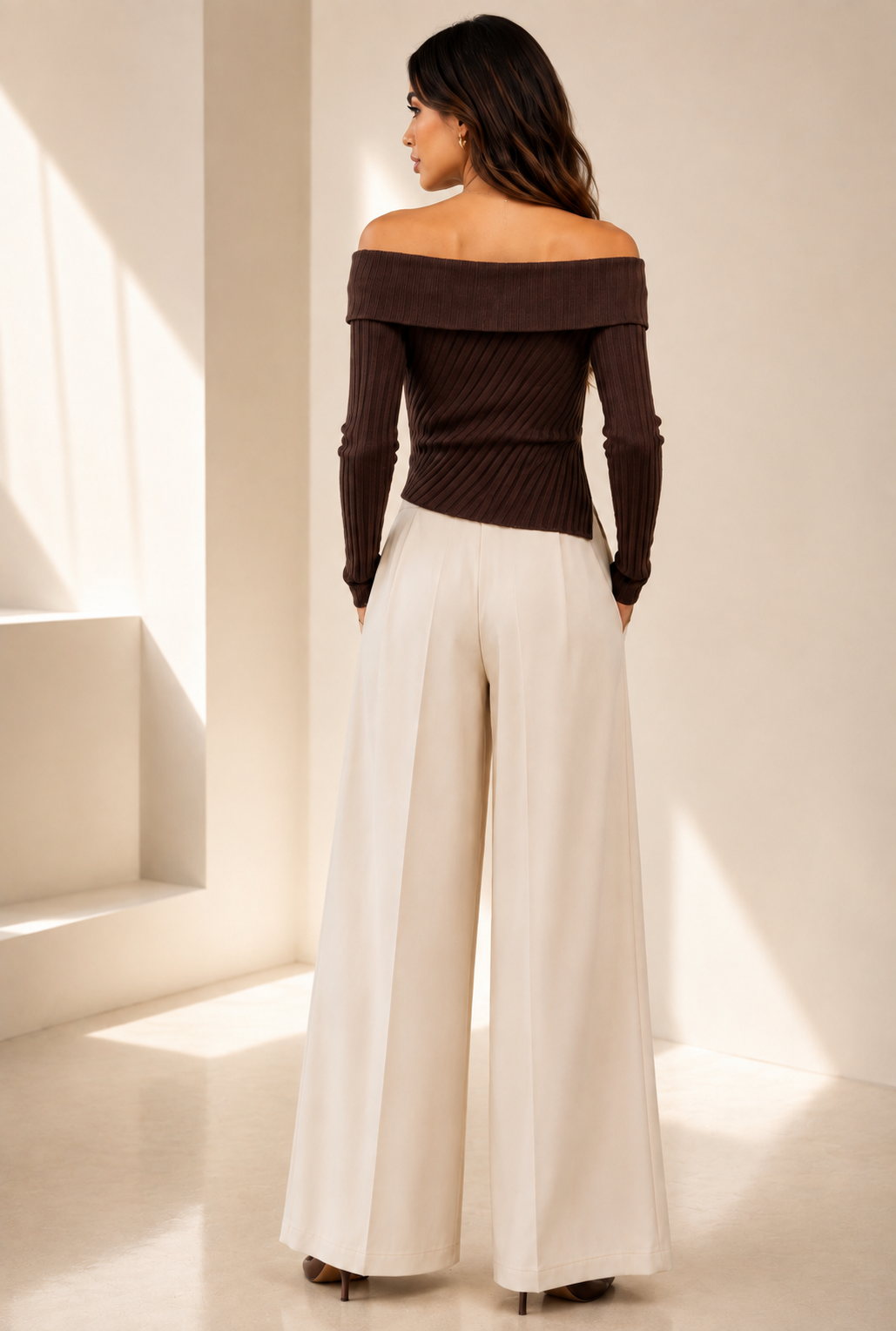 Élodie Sculpted Off-Shoulder Ribbed Sweater — Espresso