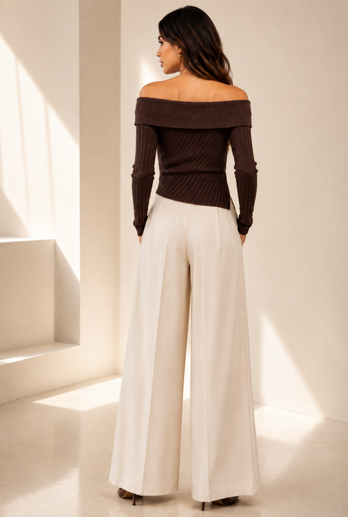 Élodie Sculpted Off-Shoulder Ribbed Sweater — Espresso