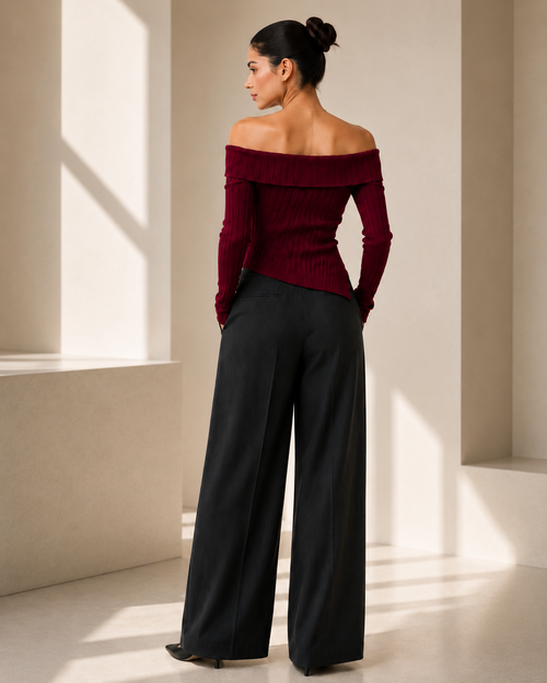 Élodie Sculpted Off-Shoulder Ribbed Sweater — Burgundy