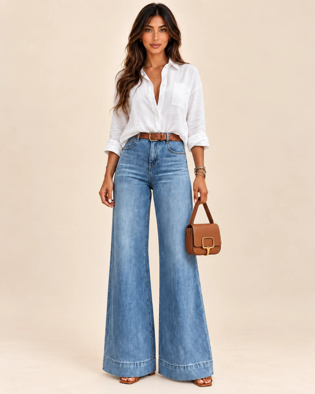 Solène washed blue high-rise wide-leg jeans on Sevda, front view on ivory background