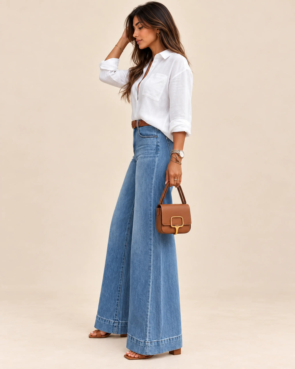 Solène washed blue high-rise wide-leg jeans on Sevda, left side view on ivory background